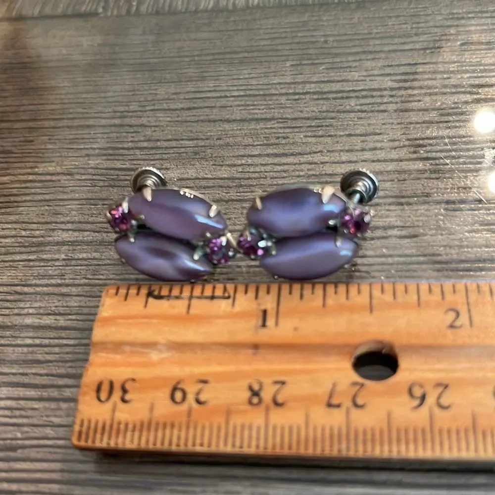 Vintage Clip Earrings Purple Cats Eye & Rhinestones